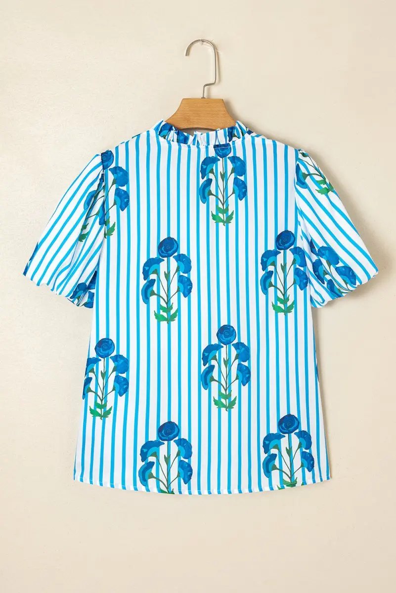 Sky Blue Stripe Floral Buttoned Frilly Notched Neck Puff Sleeve Summer Blouse - Love Salve